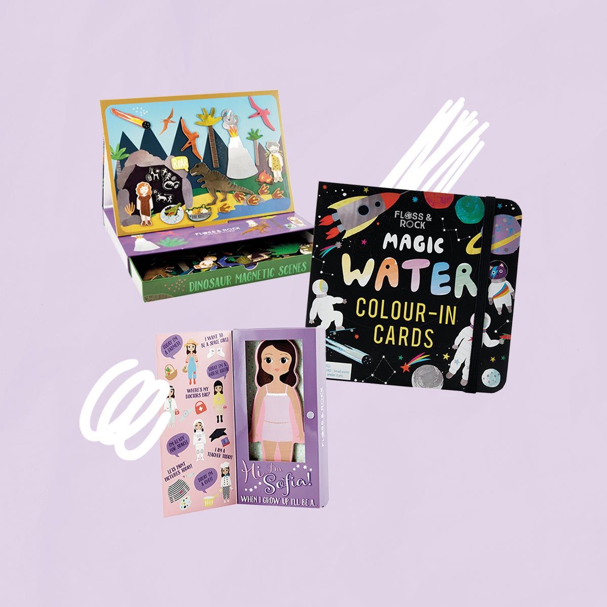 Assorted crafts from Floss & Rock on a lavender background