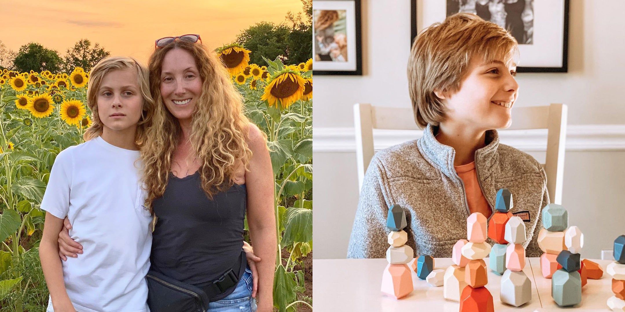 Left: Nicole and Gabe standing in a sunflower field and smiling; Right: Gabe sitting at a desk playing with stacking toys