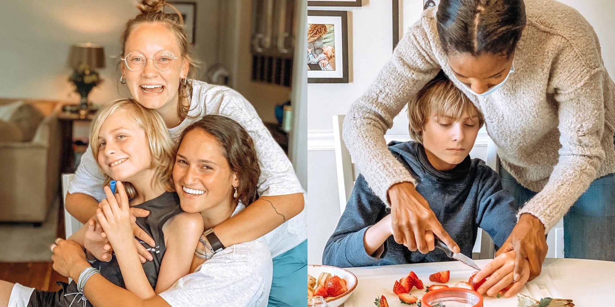 Gabe with his aides posing and smiling (left) and cutting strawberries (right)