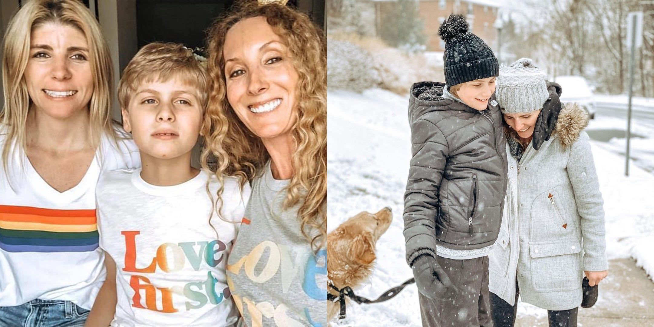 Left: Nicole, Gabe, and Nicole's partner Caroline smiling; Right: Gabe and Nicole out on a snowy walk with their dog