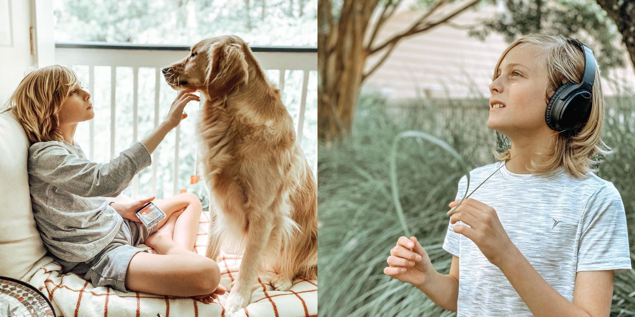Left: Gabe sitting on the porch and petting his dog; Right: Gabe wearing headphones and looking up at the sky