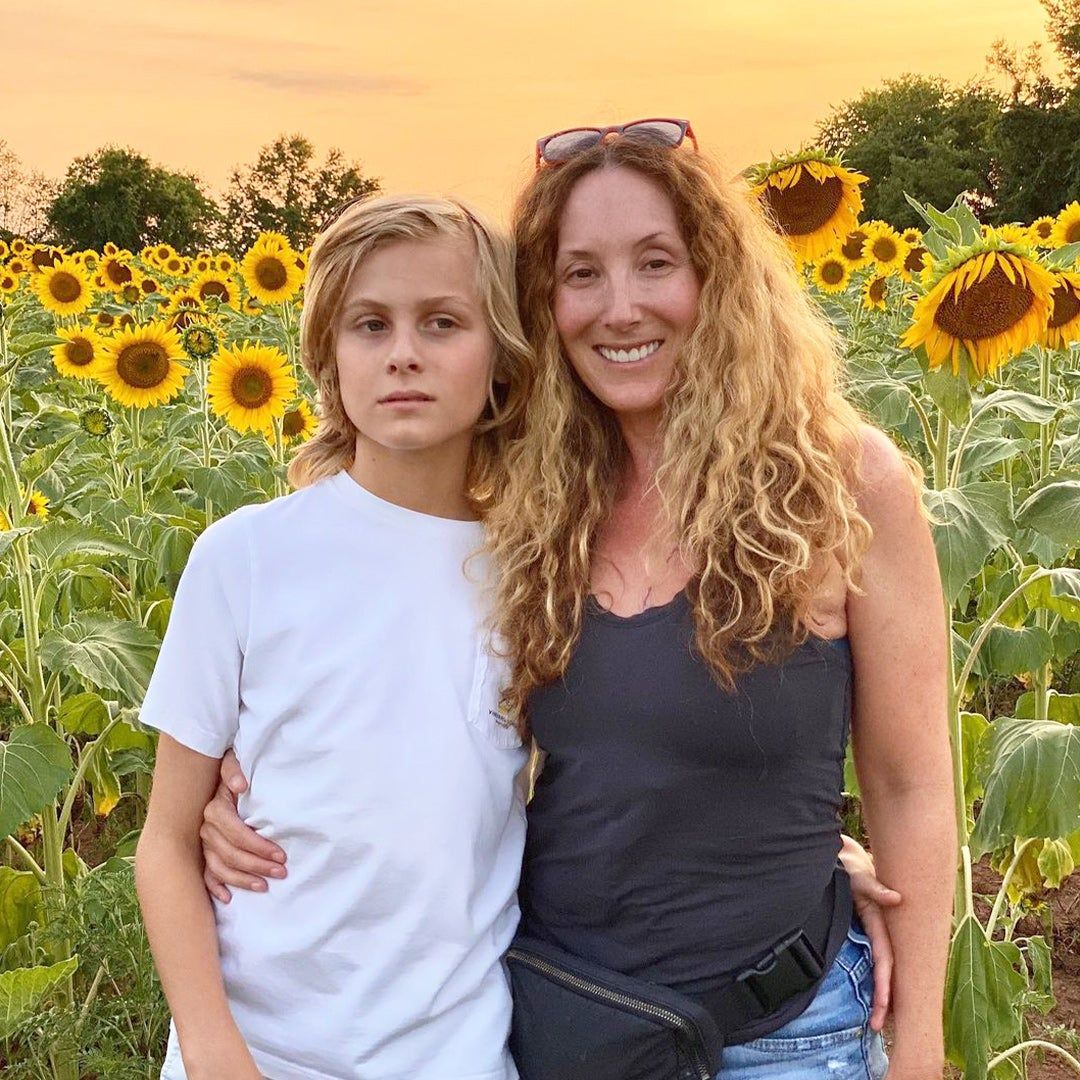 Left: Nicole and Gabe standing in a sunflower field and smiling; Right: Gabe sitting at a desk playing with stacking toys