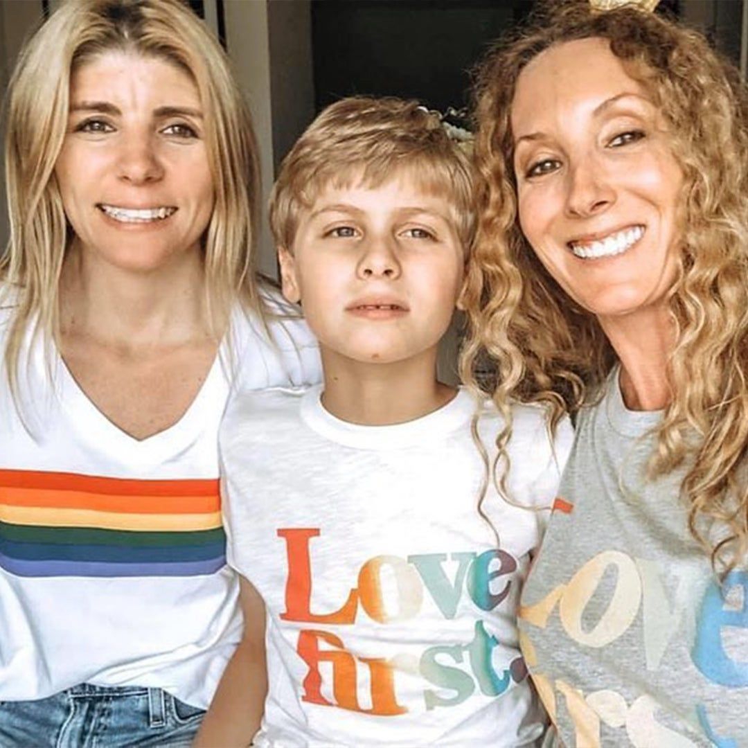 Left: Nicole, Gabe, and Nicole's partner Caroline smiling; Right: Gabe and Nicole out on a snowy walk with their dog