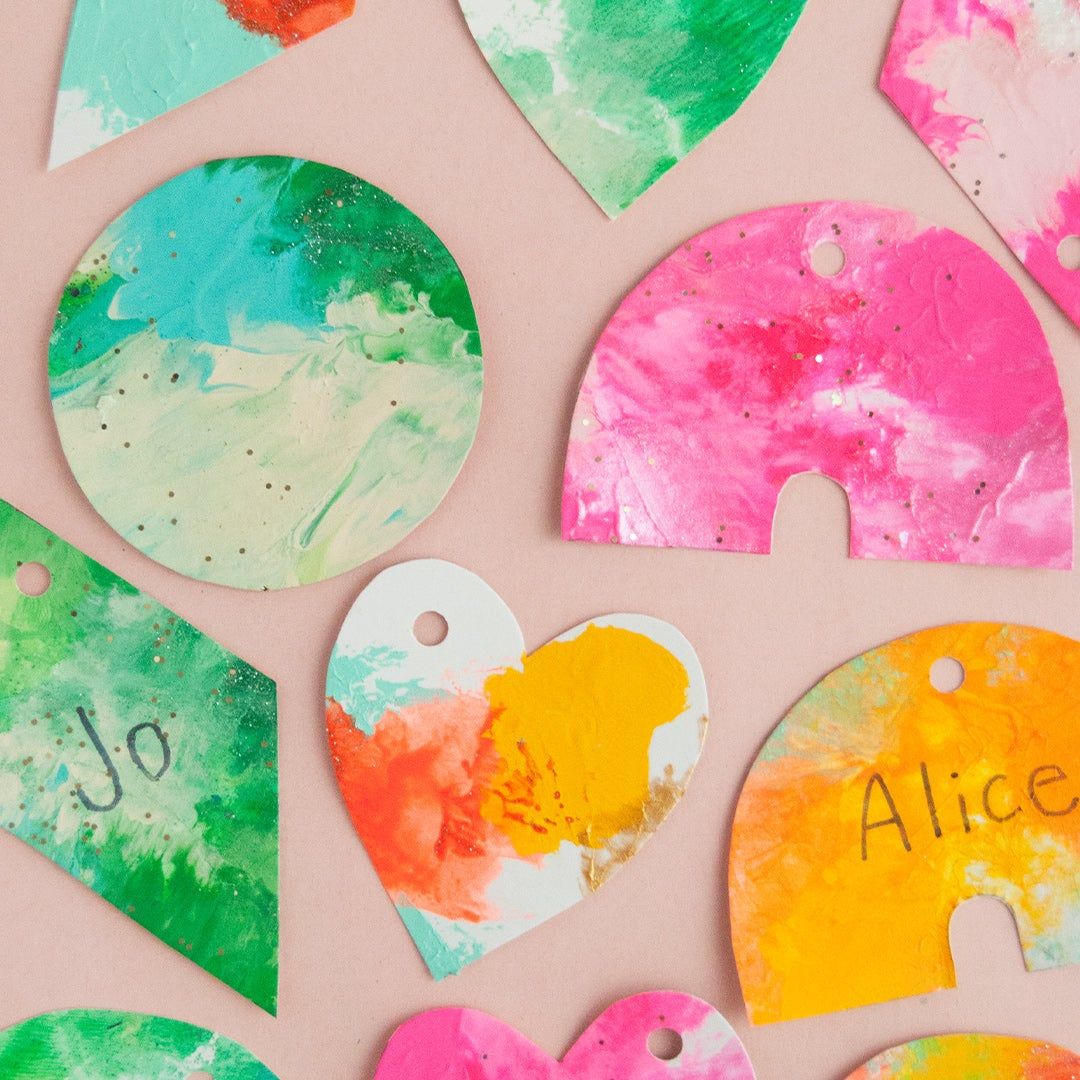 colorful painted gift tags in assorted shapes