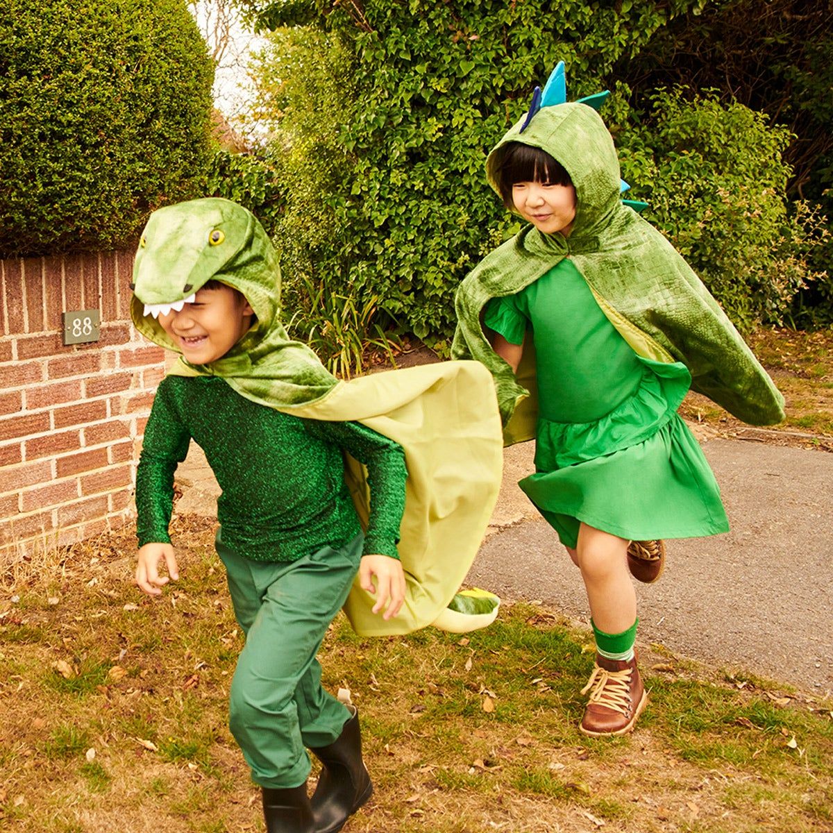 boy and girl playing in dinosaur costumes