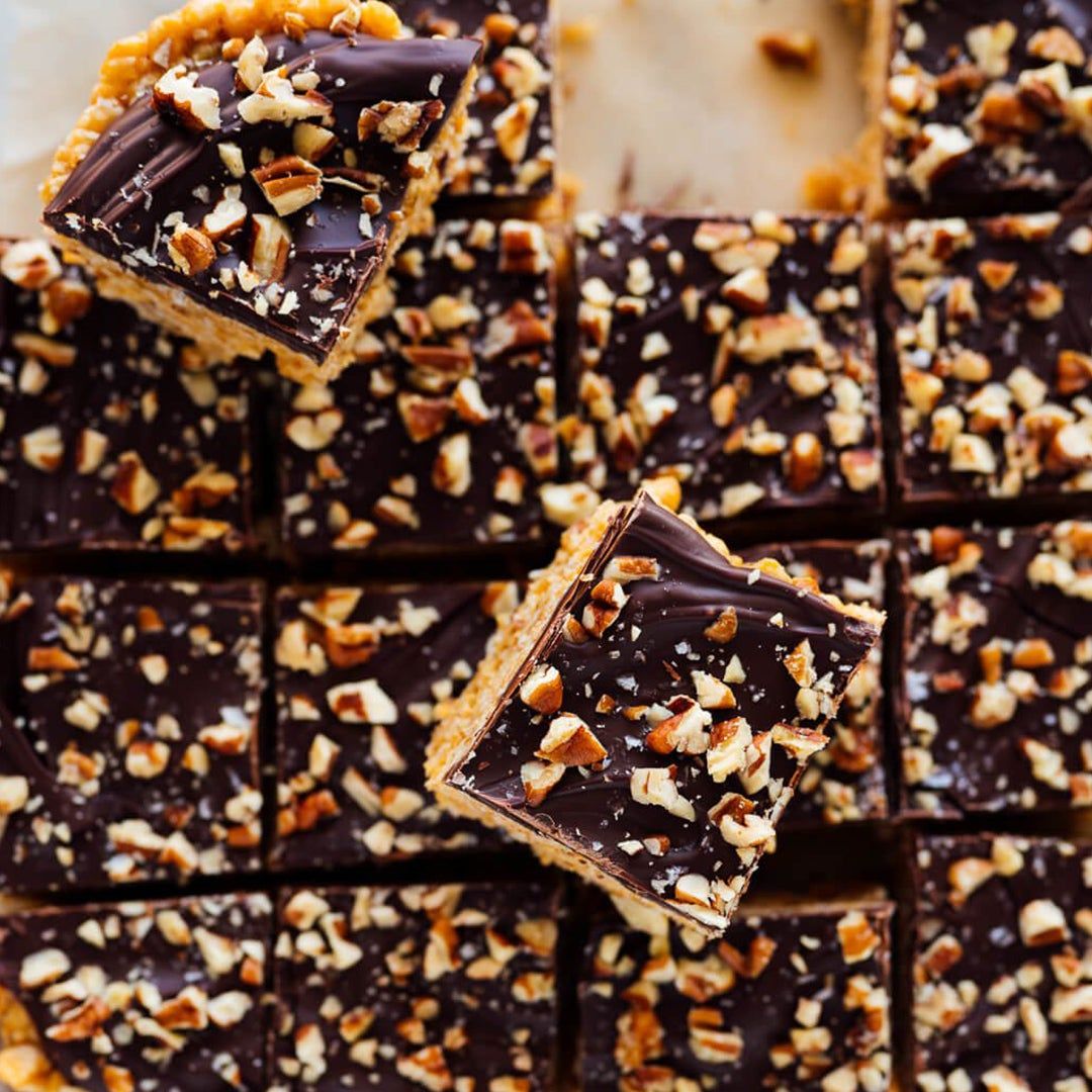 chocolate peanut butter bars cut in squares