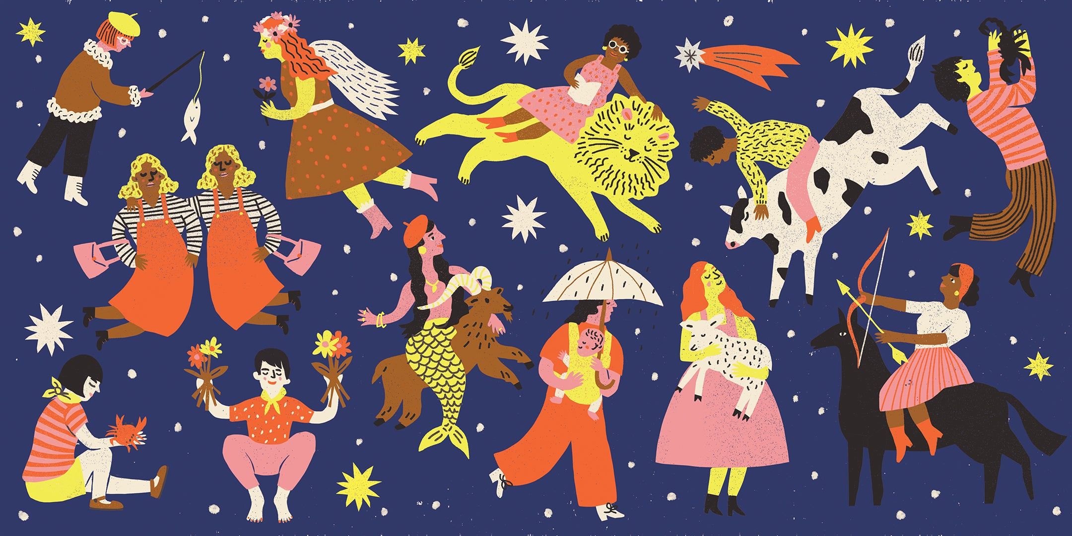 celebration of 2022 horoscopes with each zodiac sign depicted as a person with an animal 
