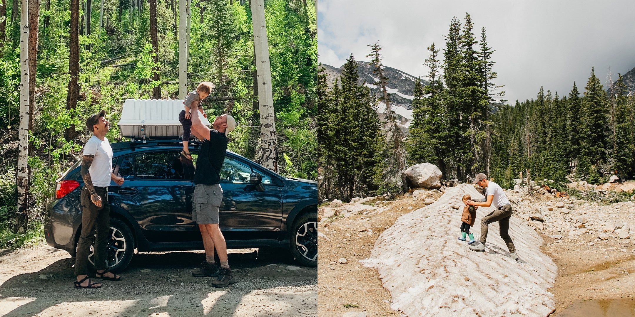 The Durt Family next to their Subaru; Elliot helping Uma over a rock