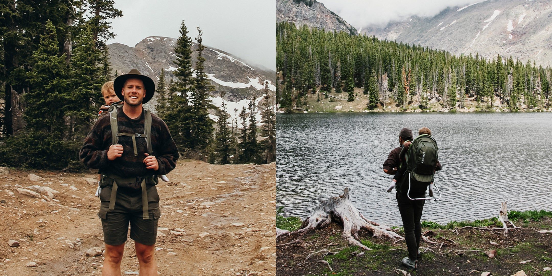 Matthew in front of a mountain with Uma in a hiking pack; Elliot looking over a lake with Uma in a hiking pack