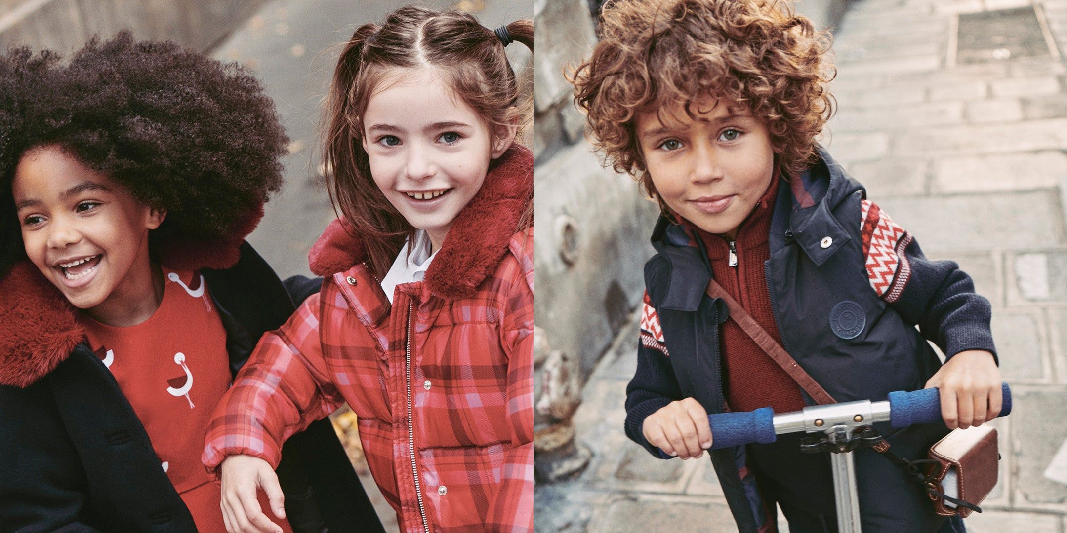 two girls in winter coats, boy on a skooter in vest and ski sweater
