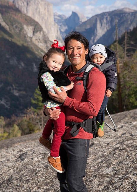 Jimmy Chin with his children on a mountain