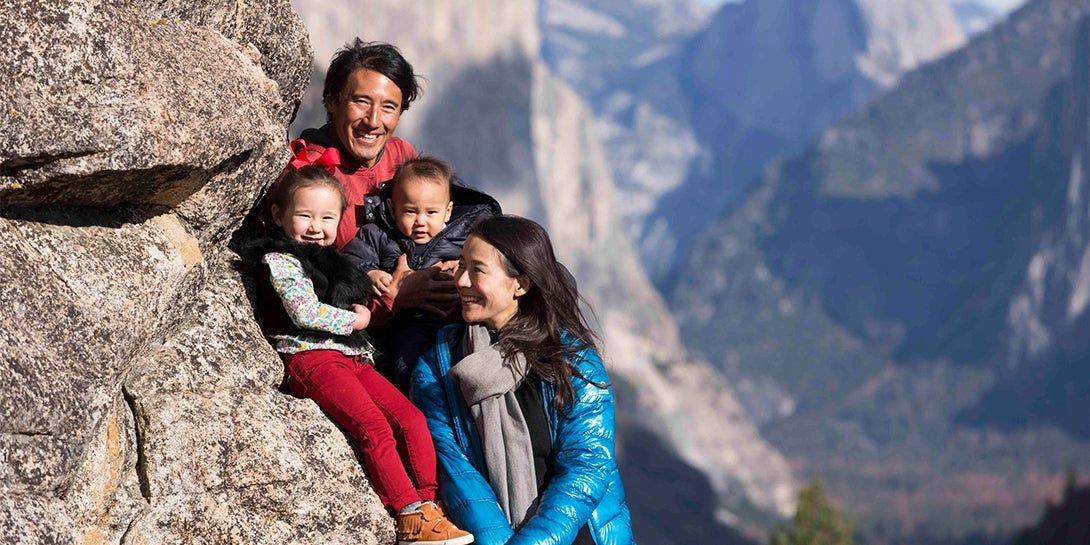 Jimmy Chin with his family on a mountainside