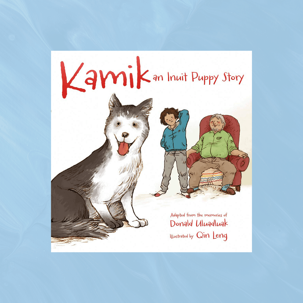 Kamik book cover with image of Inuit puppy and family