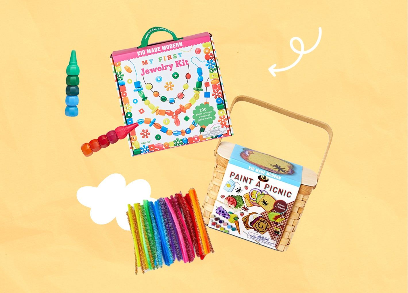 Assorted crafts from Kid Made Modern on a yellow background