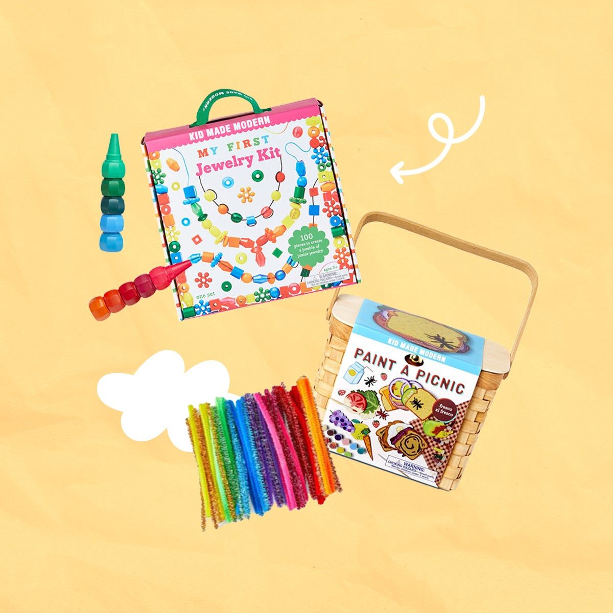 Assorted crafts from Kid Made Modern on a yellow background