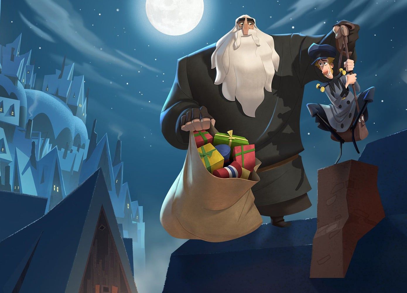 A still from "Klaus", Santa holding Jesper in a bag