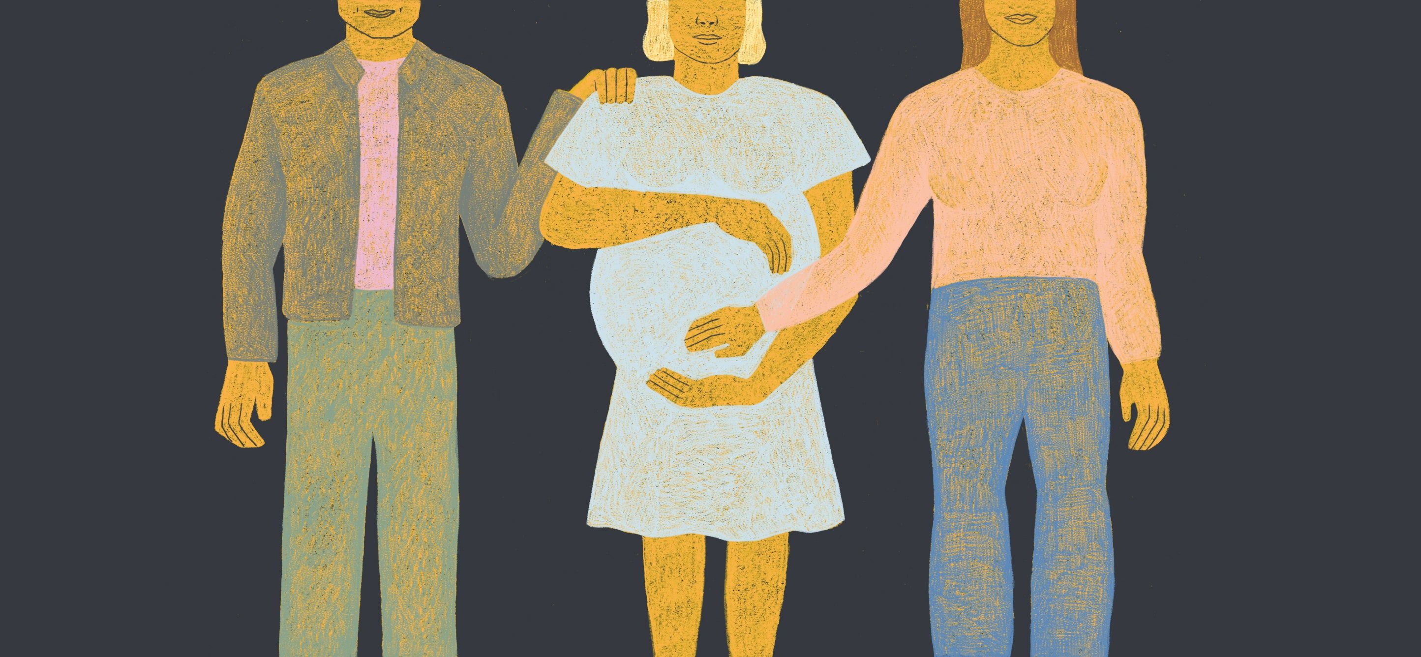 illustration of a pregnant woman standing between a man and a woman