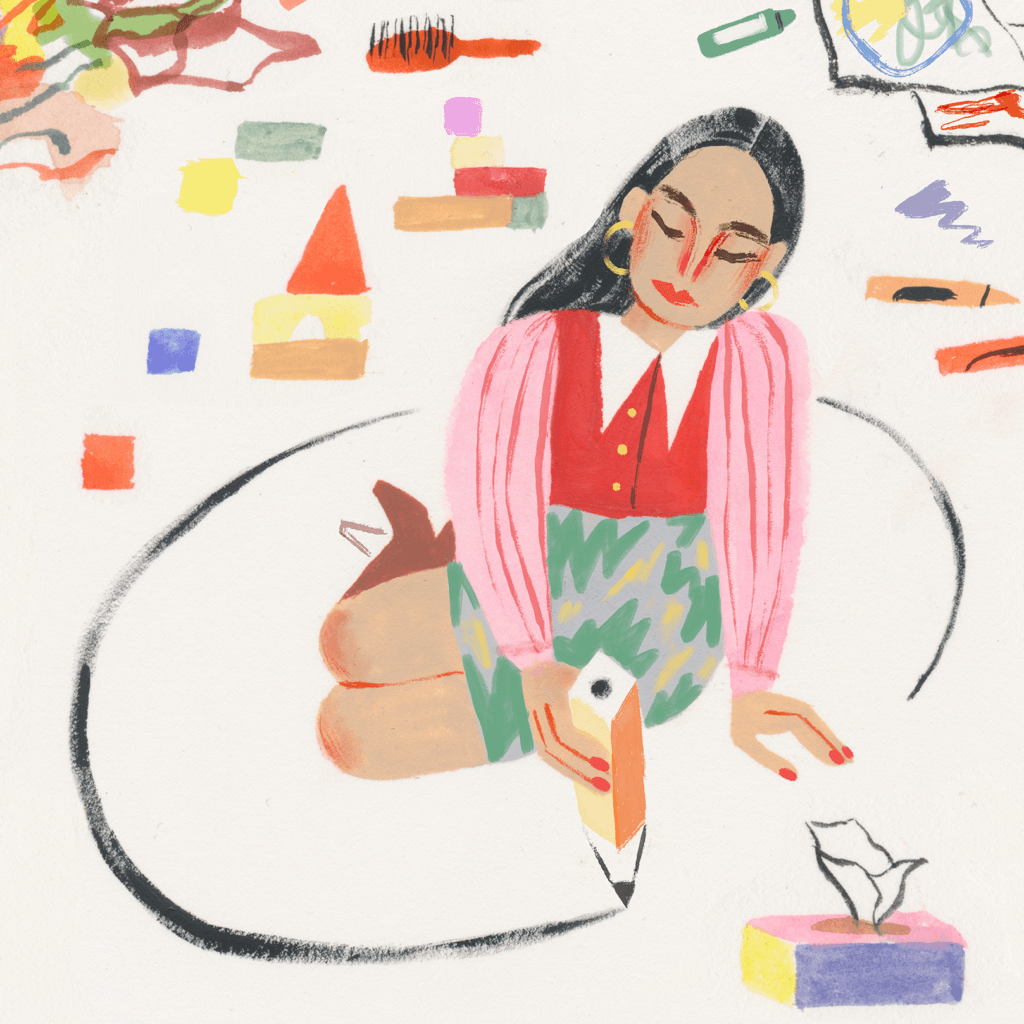 mother drawing a circle around herself, keeping out things like kids toys and schoolwork