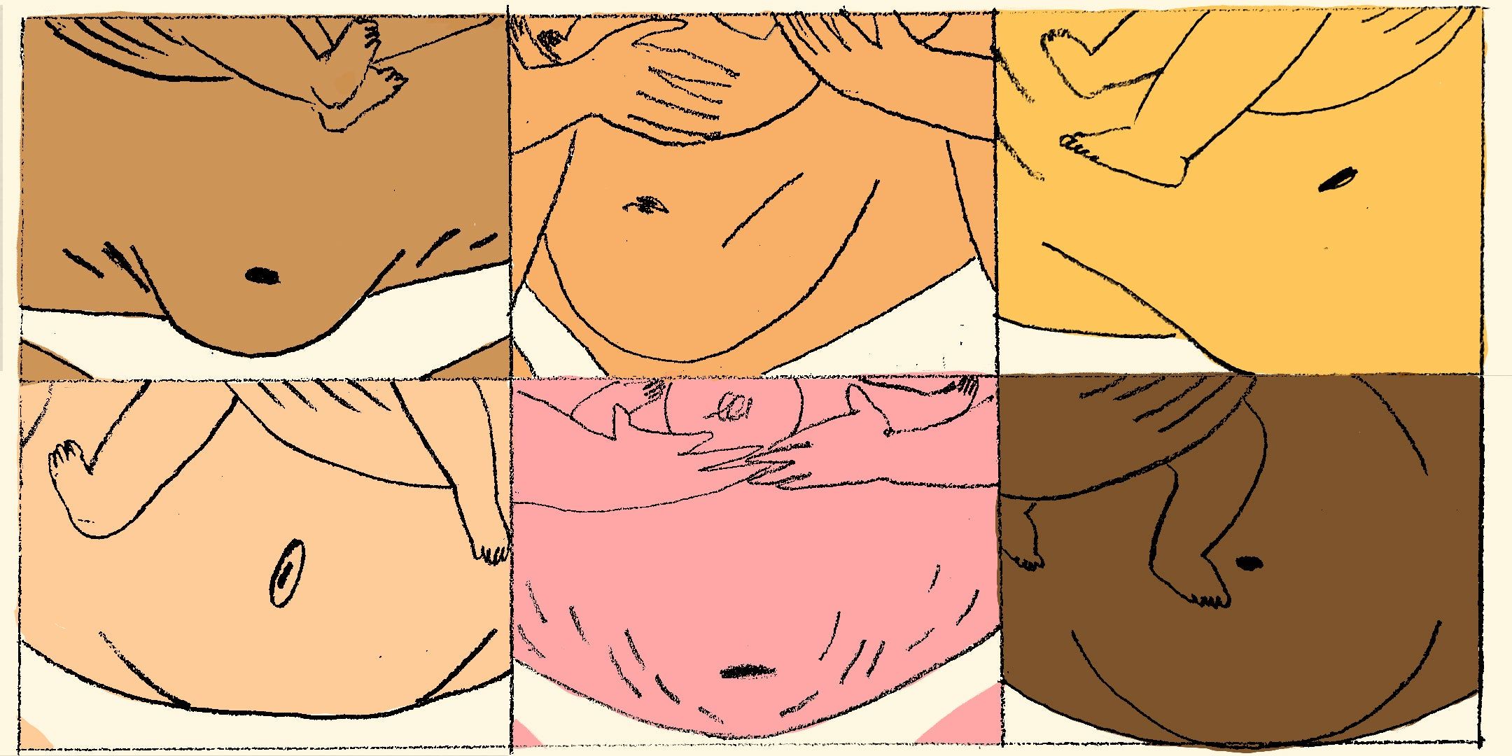 a series of postpartum bodies and newborn babies illustration