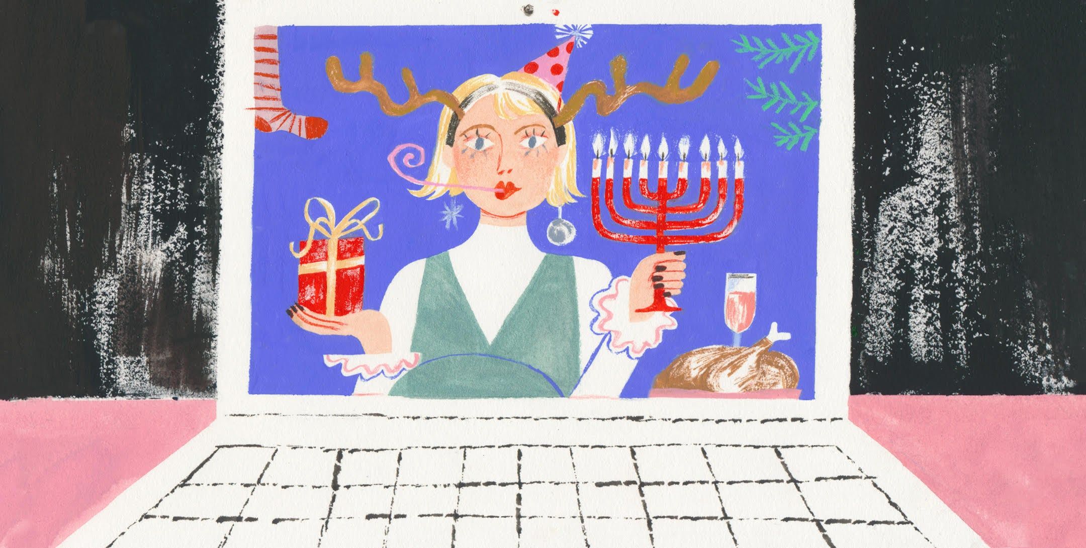 illustration of a woman on a laptop screen holding a gift in one hand and a menorah in the other