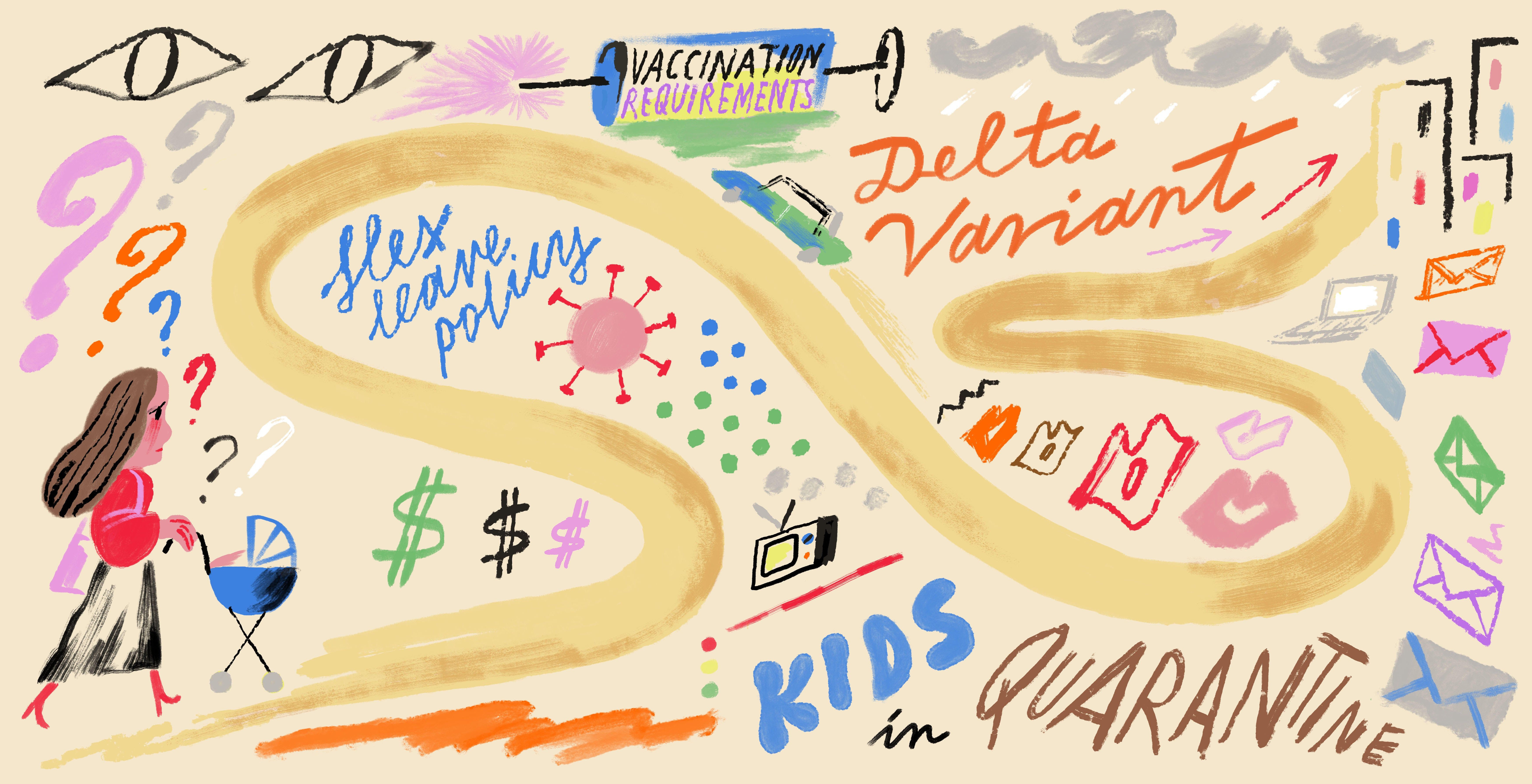 Illustration of a woman pushing a stroller down a road surrounded by words like delta variant, kids, and quarantine