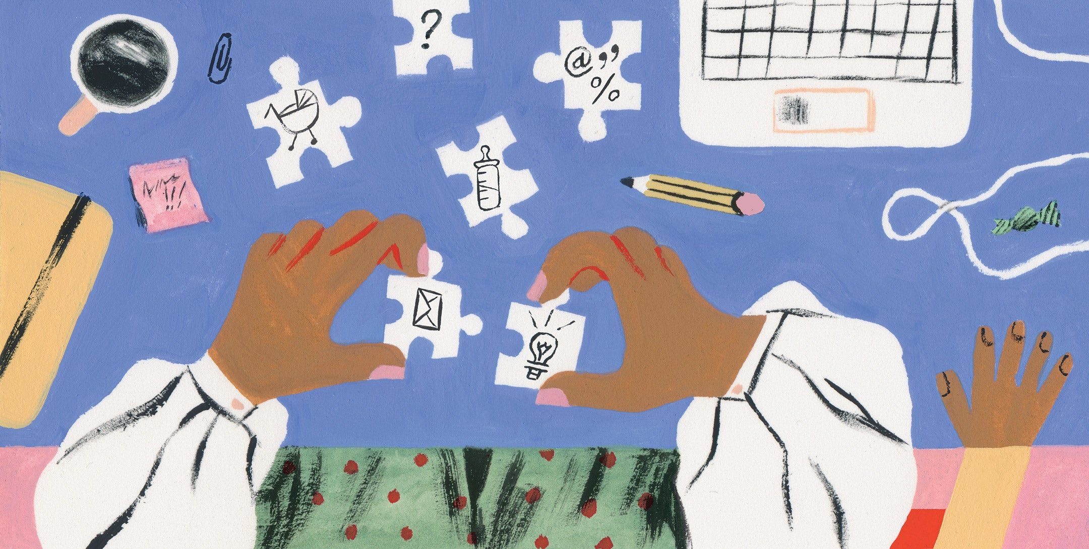 illustration of a mother attempting to put a puzzle together. The puzzle pieces represent different areas of her life. 
