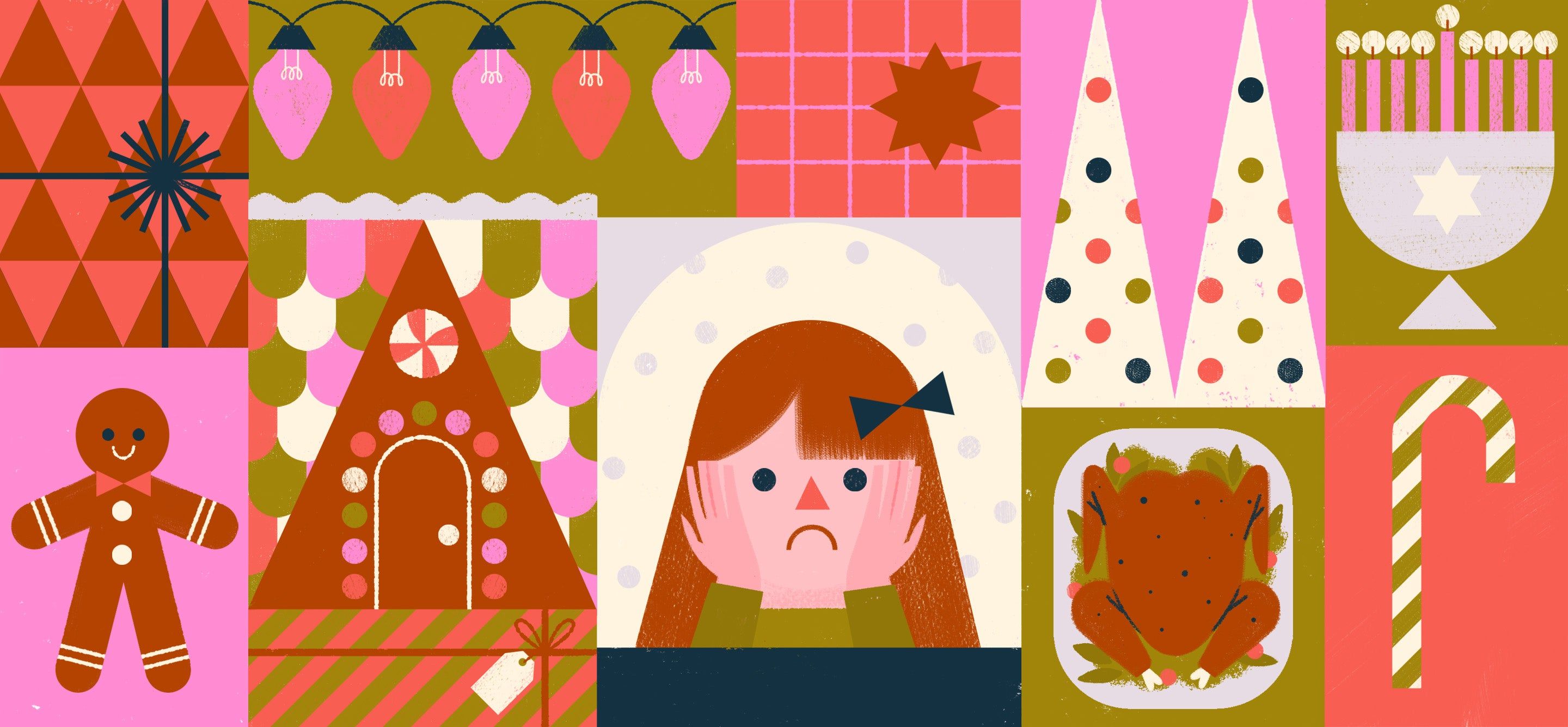 illustrations of a child overwhelmed by things that can induce a holiday meltdown like trees, gingerbread, turkey, candy