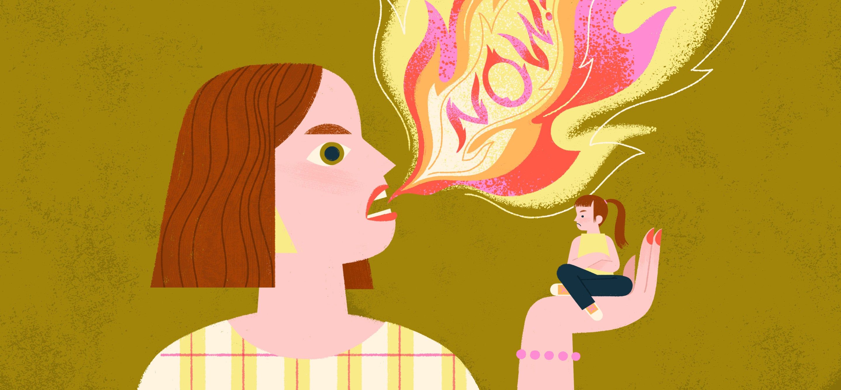 Illustration of a mother yelling with fire and the word now coming out of her mouth.