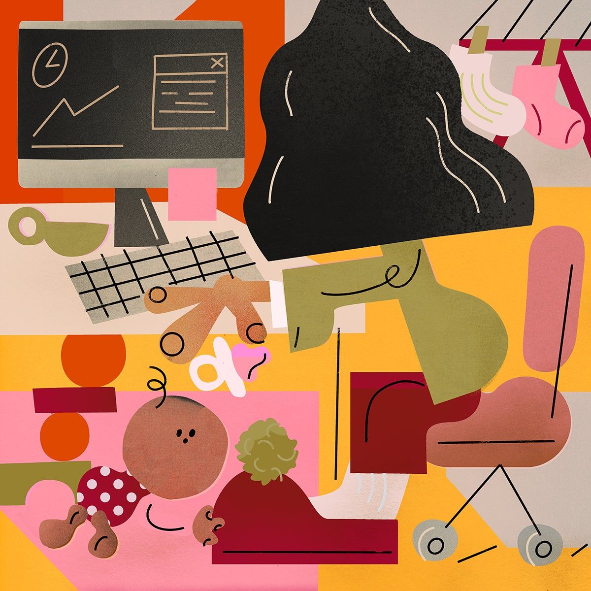 illustration of a woman working at a computer with a baby at her feet