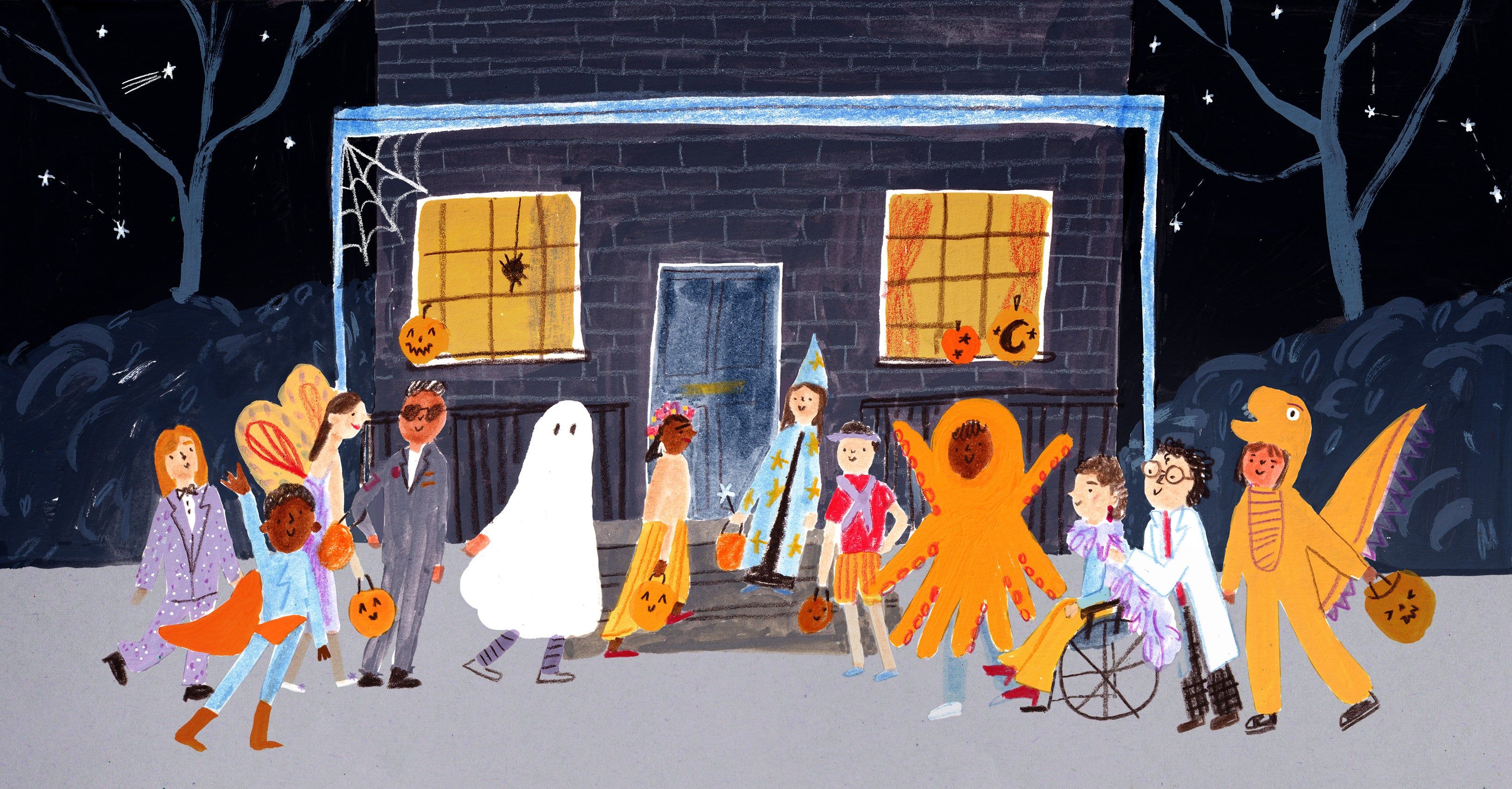 illustration of kids trick or treating in Halloween costumes