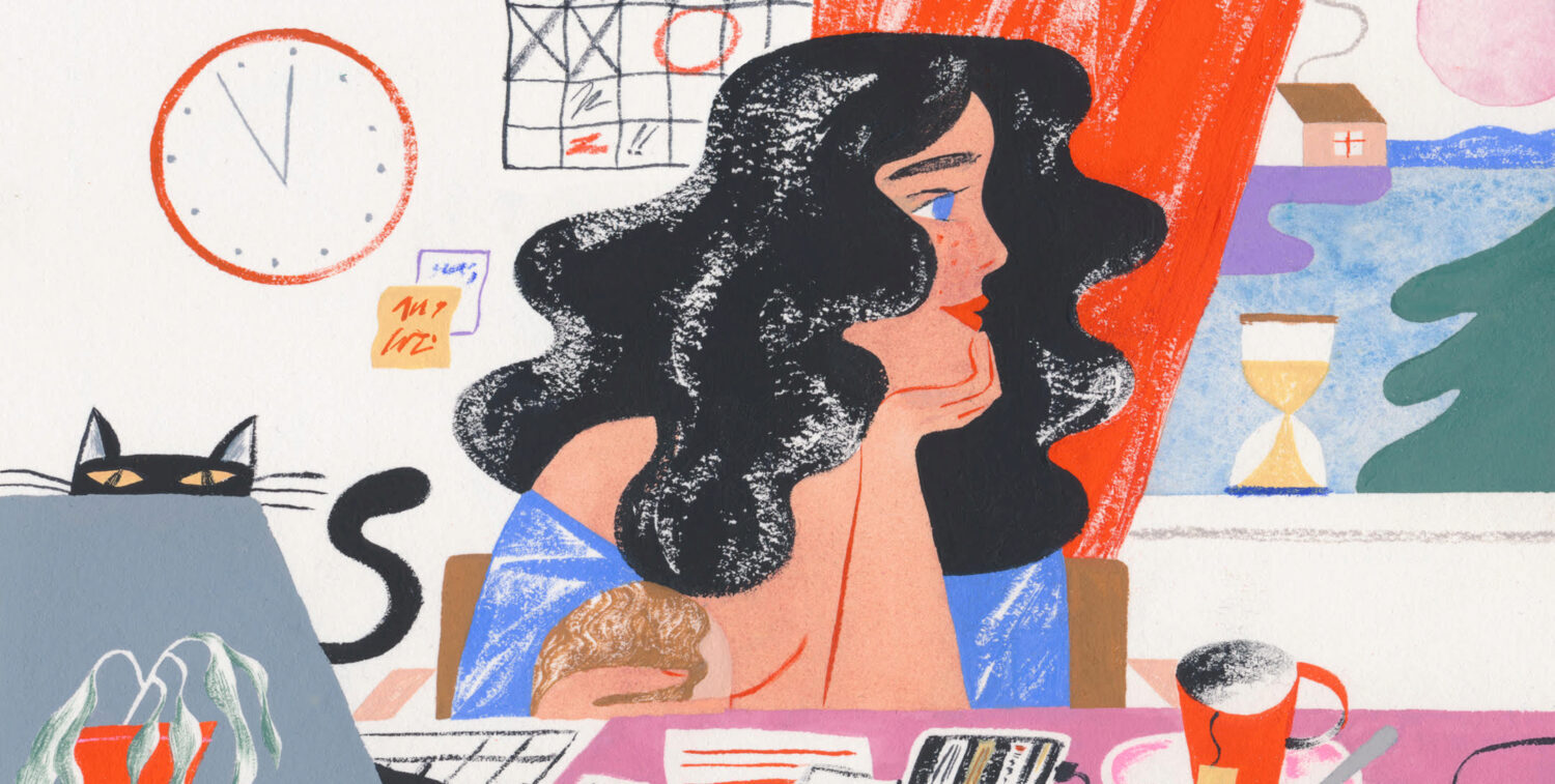 Illustration of a working mom sitting at her desk looking hopefully out the window