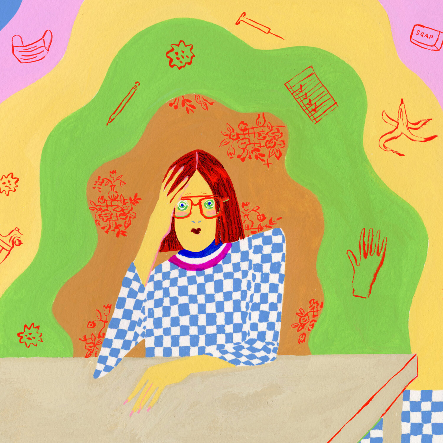 woman at a table with concerns swirling around her like masks, soap, COVID, school, work