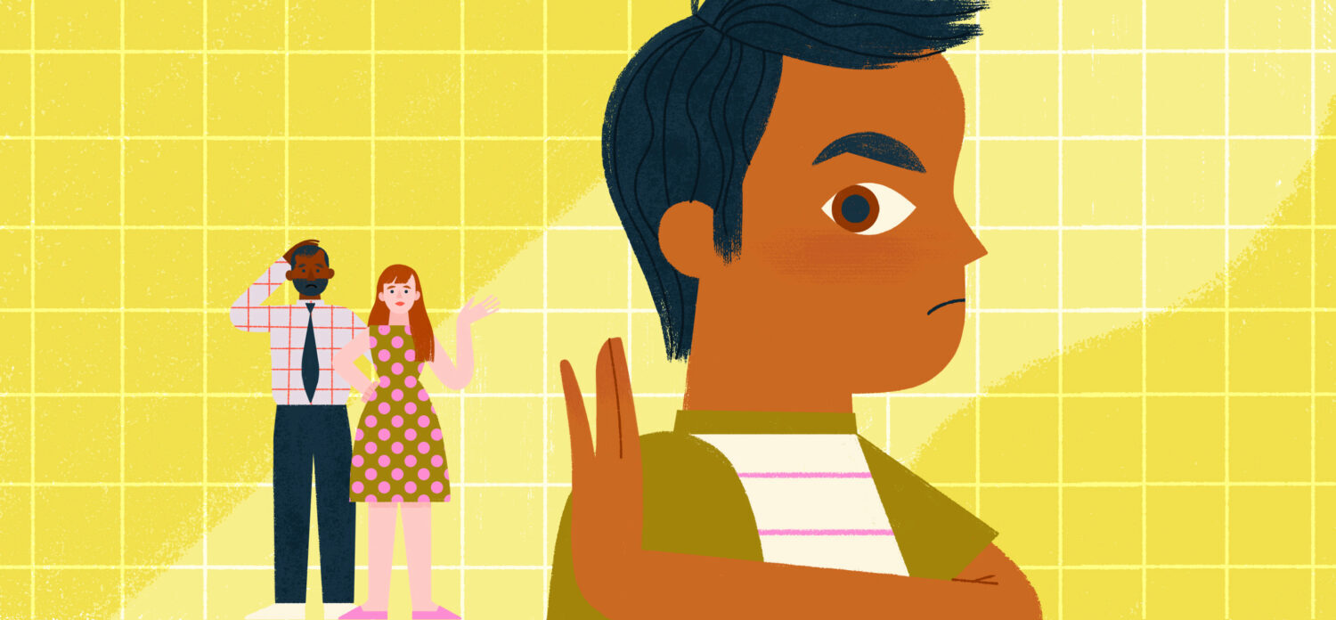 illustration of a child larger than a pair of exasperated parents