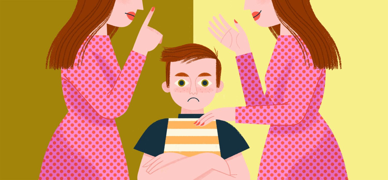 Illustration of a child with arms folded and one mother figure scolding and one with a hand on his shoulder supporting
