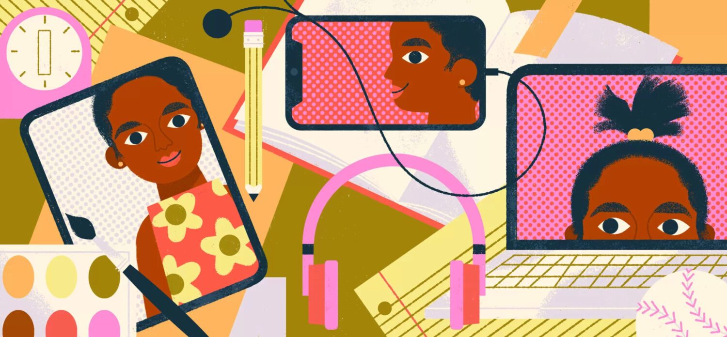Illustration of various objects such as pencils, baseball, a palette, headphones mixed in with smart devices—a tablet, a phone, a laptop—depicting a young girl