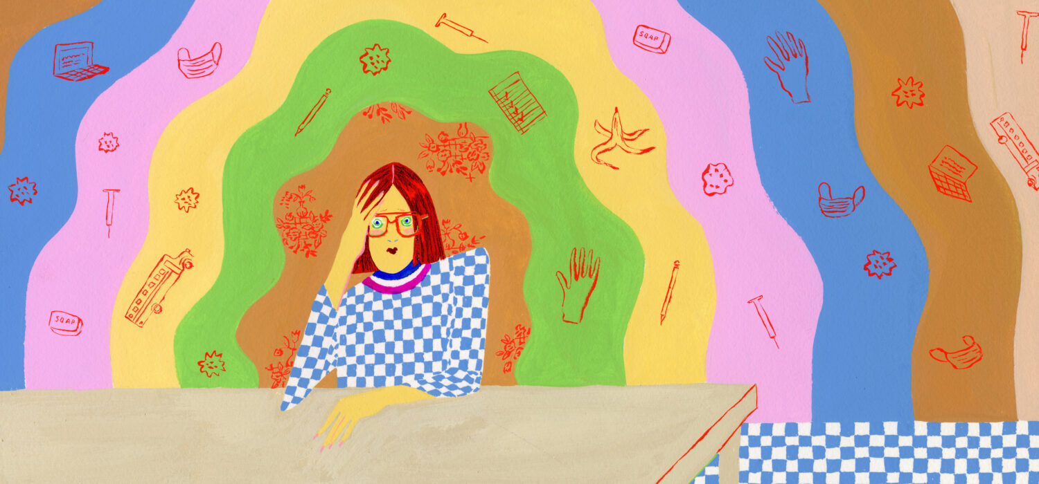 woman at a table with concerns swirling around her like masks, soap, COVID, school, work