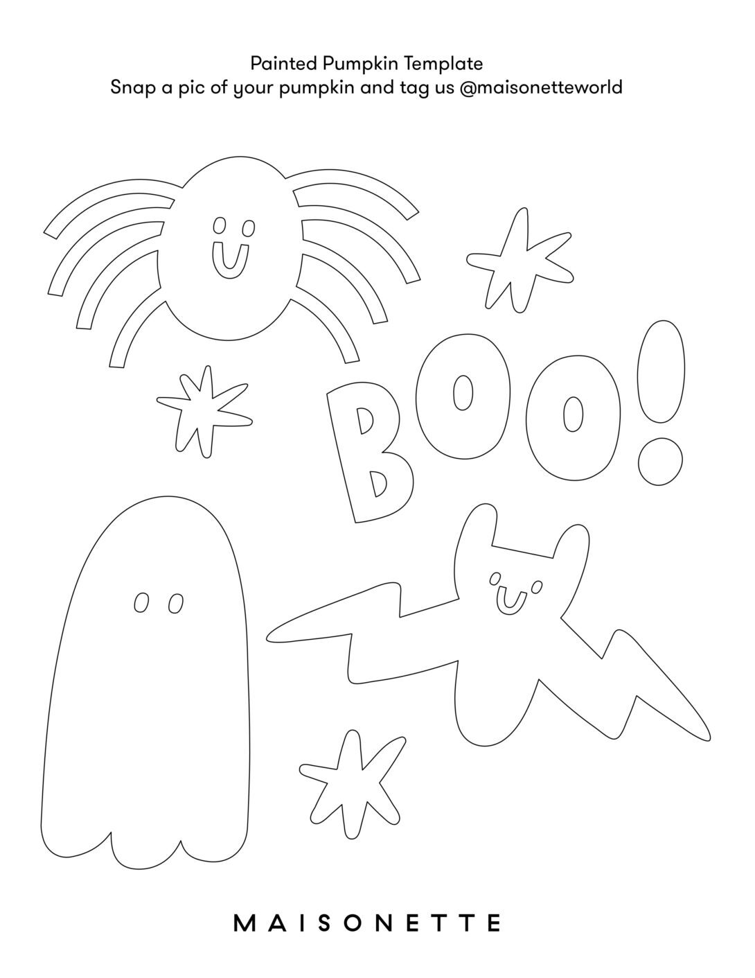 black and white line drawing of a ghost, bat, and spider