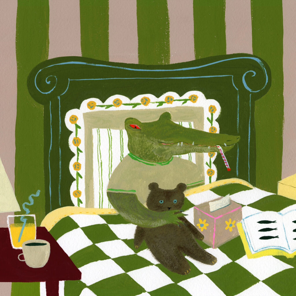crocodile sick in bed with a cold