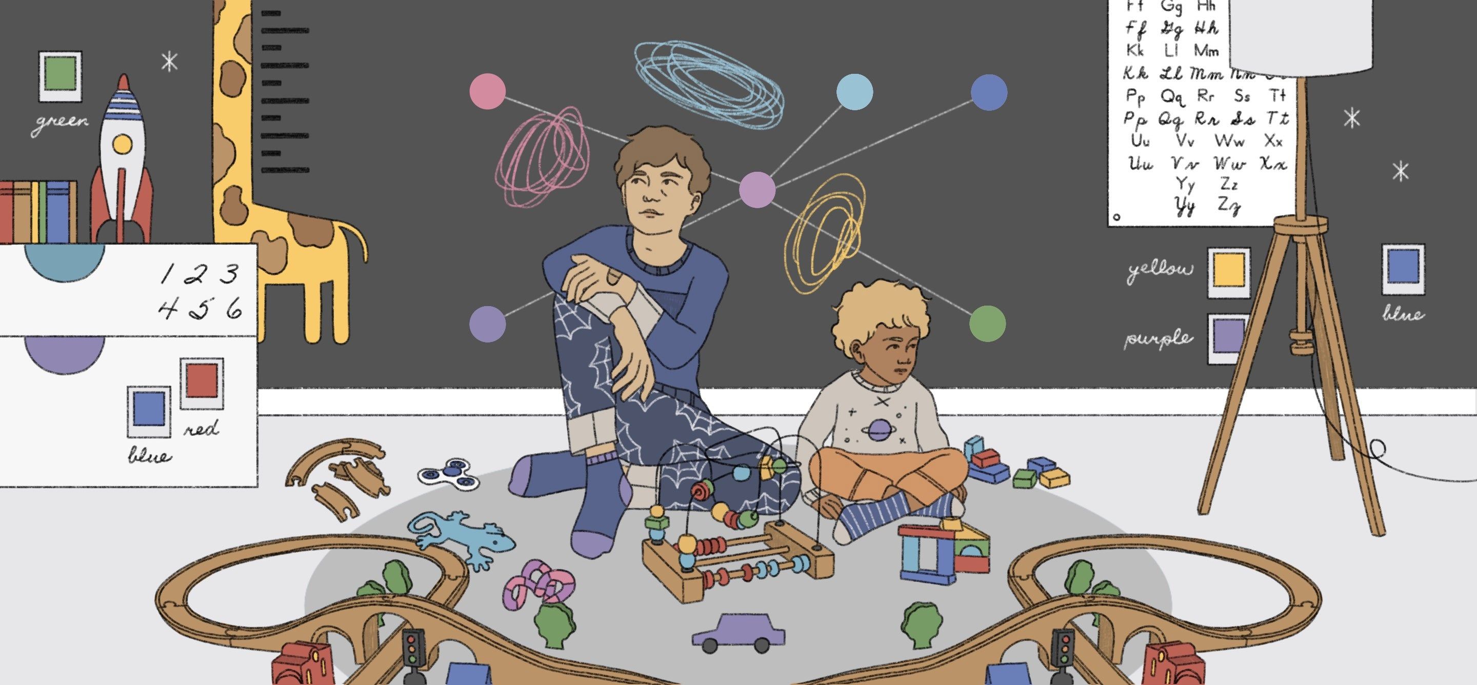 An illustration of two children sitting in a playroom surrounded by various toys and shapes.