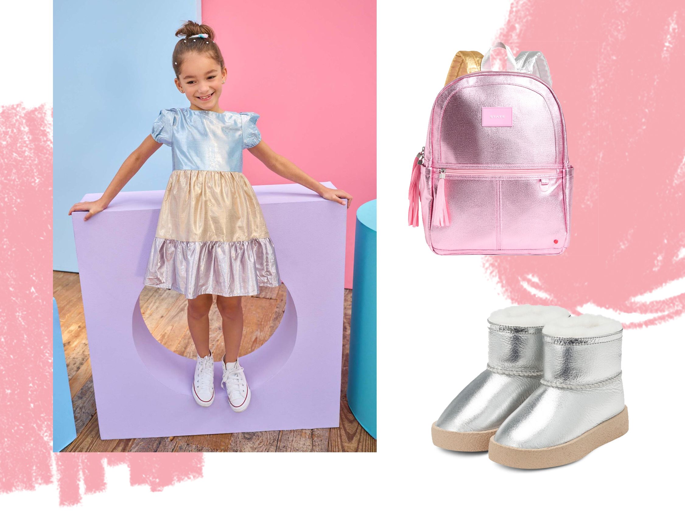 Collage of metallic kids fashion items.