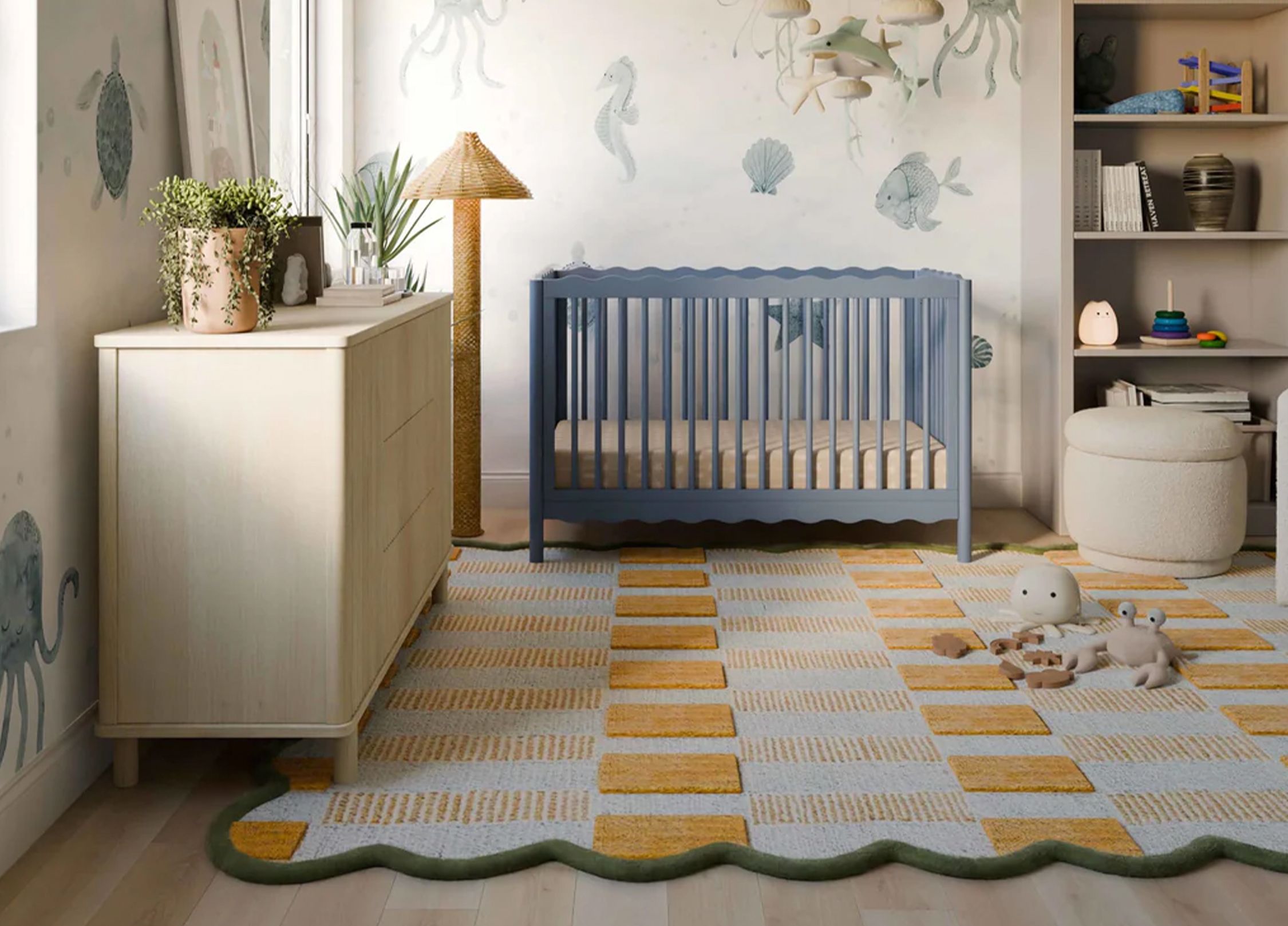 Image of a nursery featuring a scalloped edge crib and wavy design details.