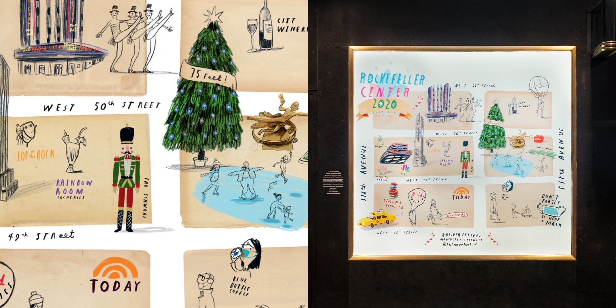 Close up of Oliver Jeffers illustrated holiday map of Rockefeller Center, featuring a street grid with Christmas Tree, Today show logo, soldier, ice skating rink and Radio City