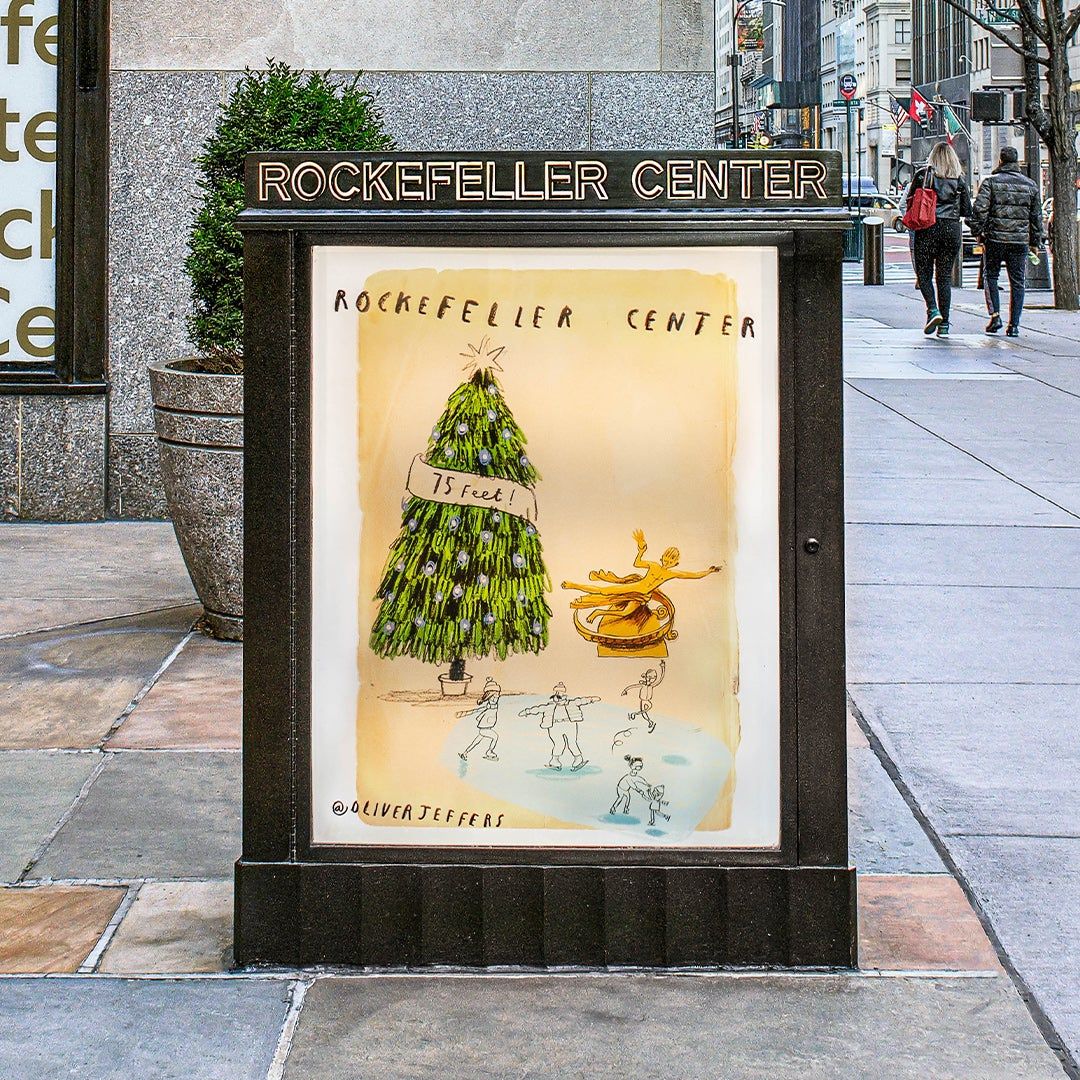Rockefeller Center poster featuring Oliver Jeffers illustrations of a tree and ice skating rink