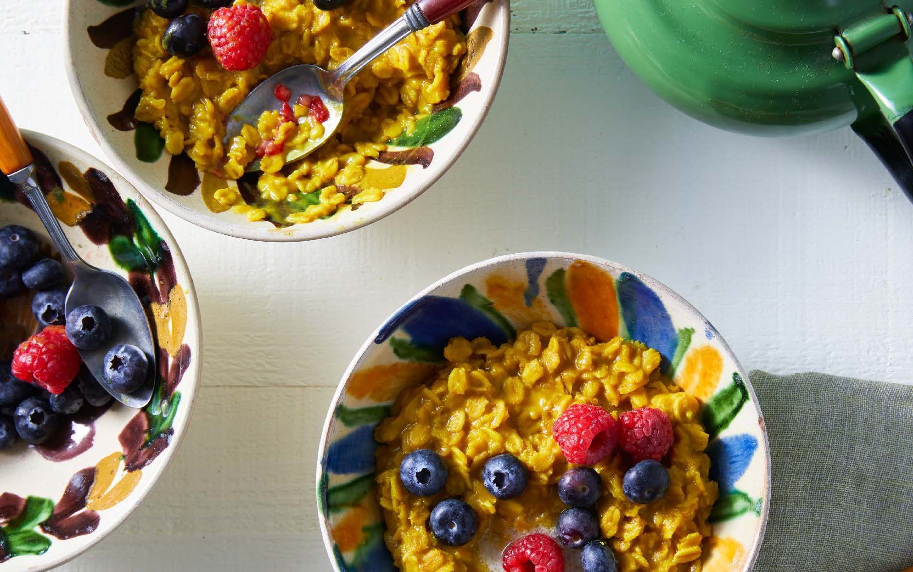 Golden Oatmeal Recipe from Eating Our Roots plated in three bowls