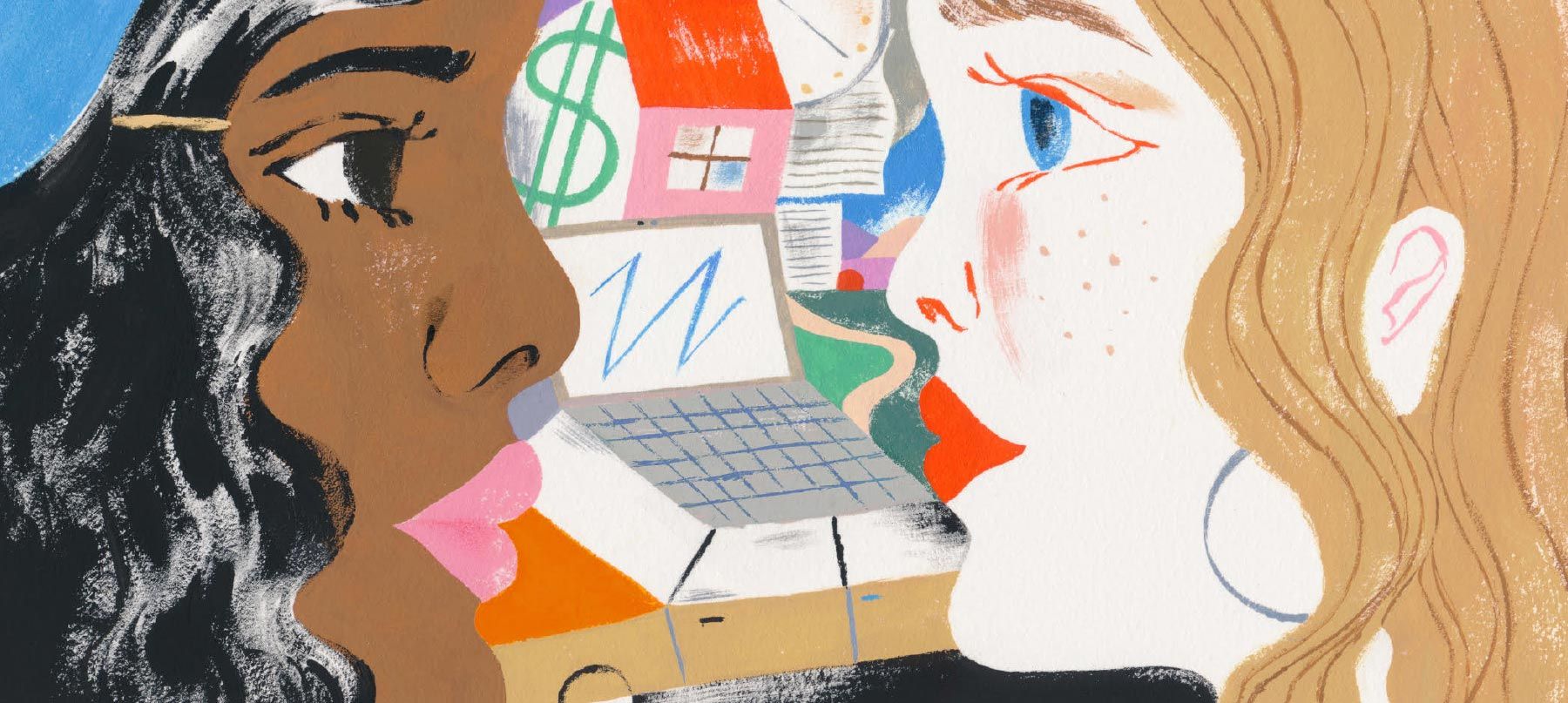 two women looking at each other with symbols of houses, money, and work