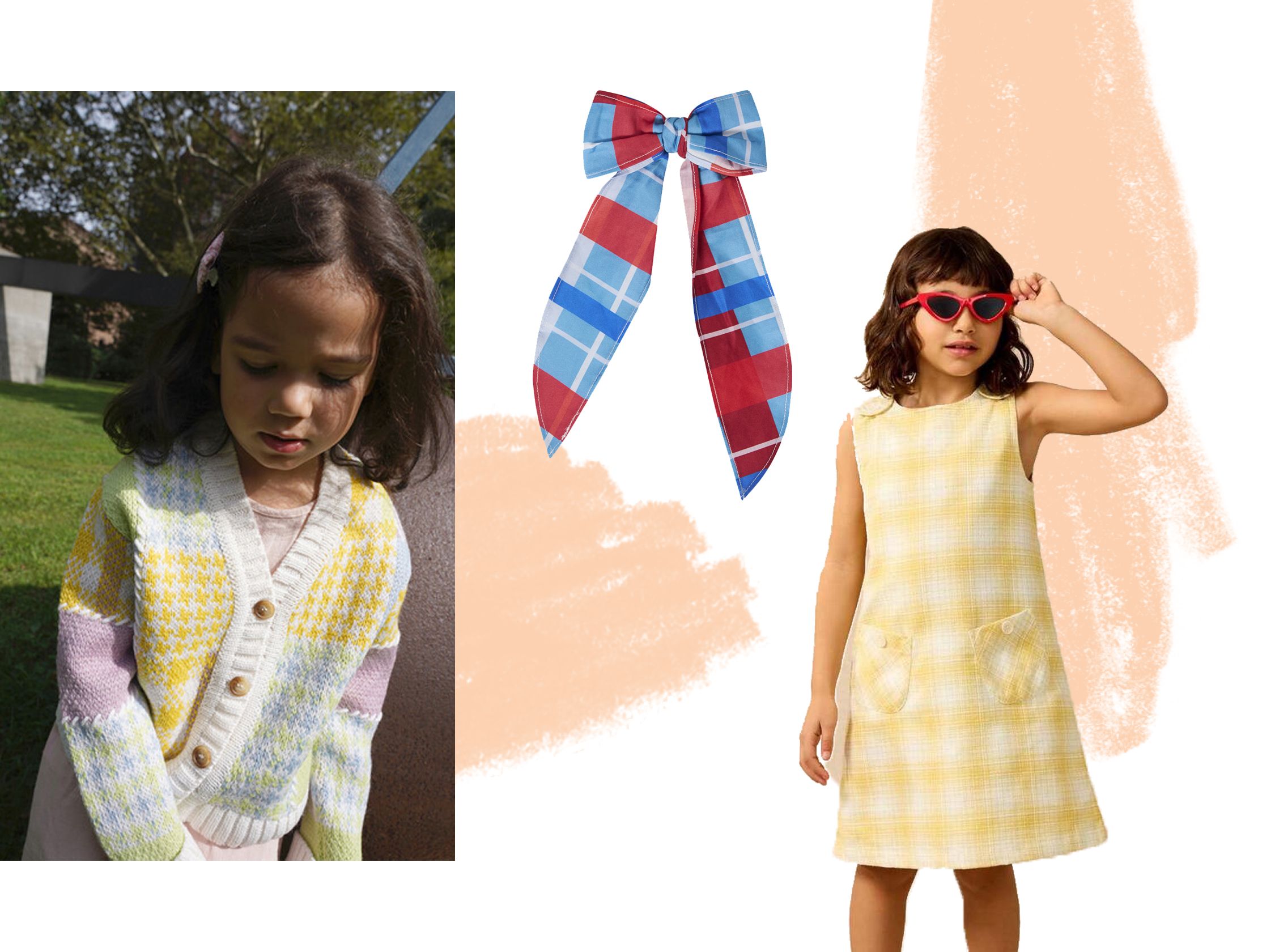Collage of plaid kids clothing.