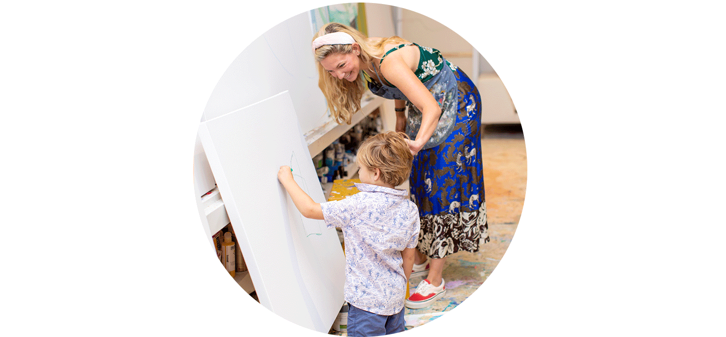 Sally King Benedict and her son painting
