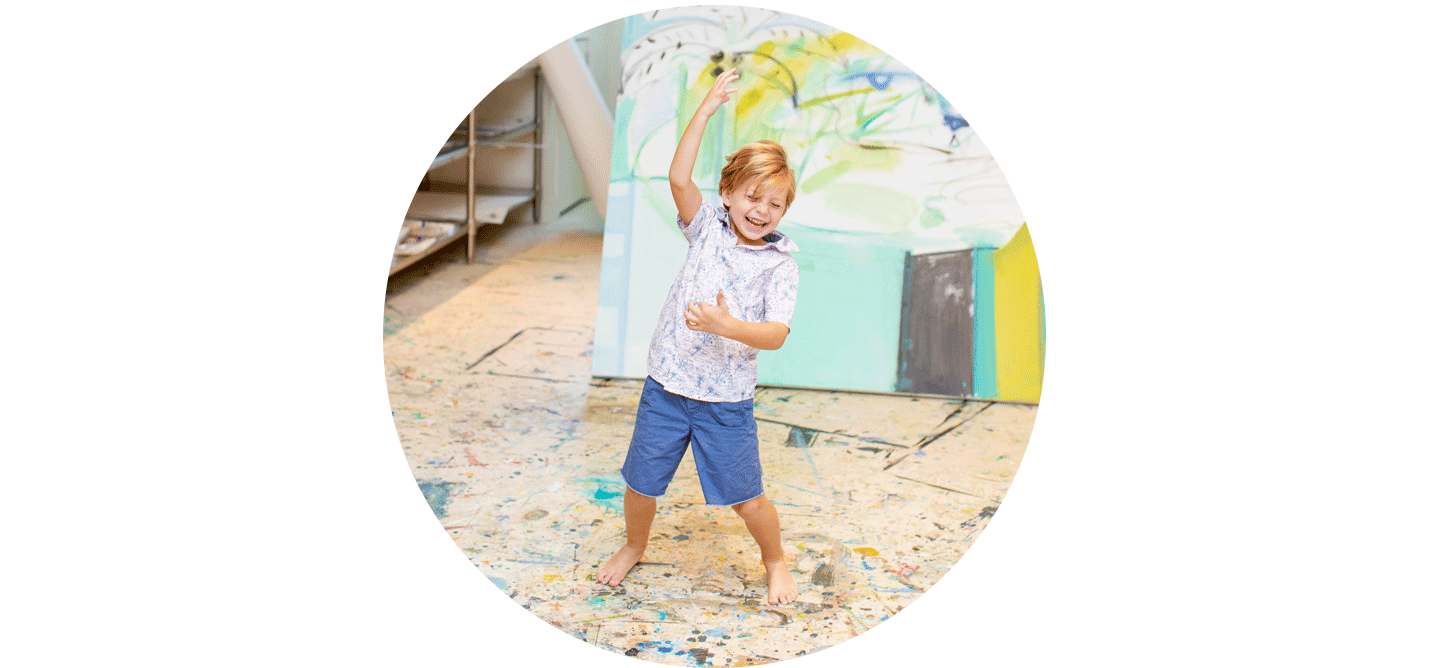 Sally King Benedict's son in her artist studio