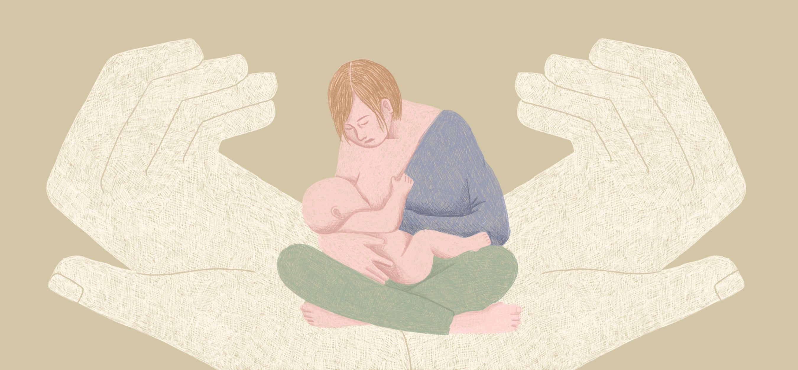 illustration of a woman breastfeeding in the palm of a giant hand