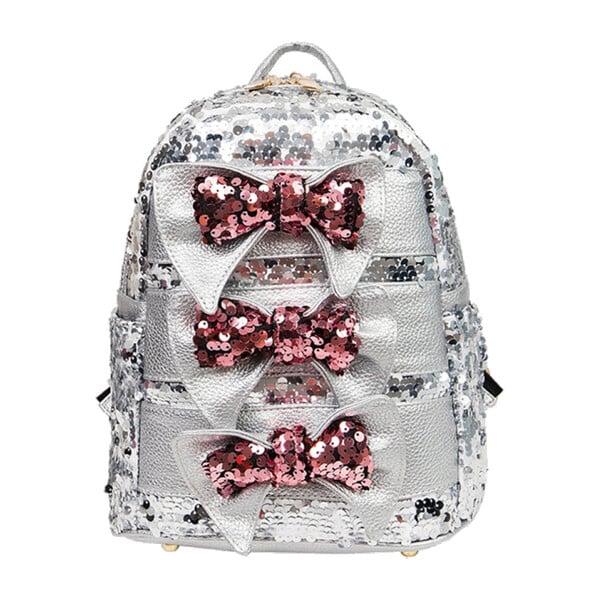 Tripe Bow Sequin Backpack, Silver